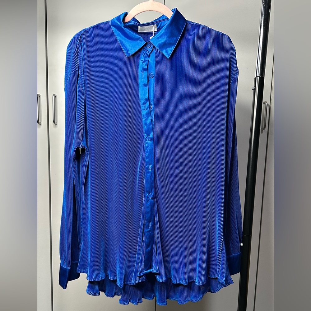 Elegant Pleated Satin Collar Blouse – Royal Blue – Sizes S, M, L